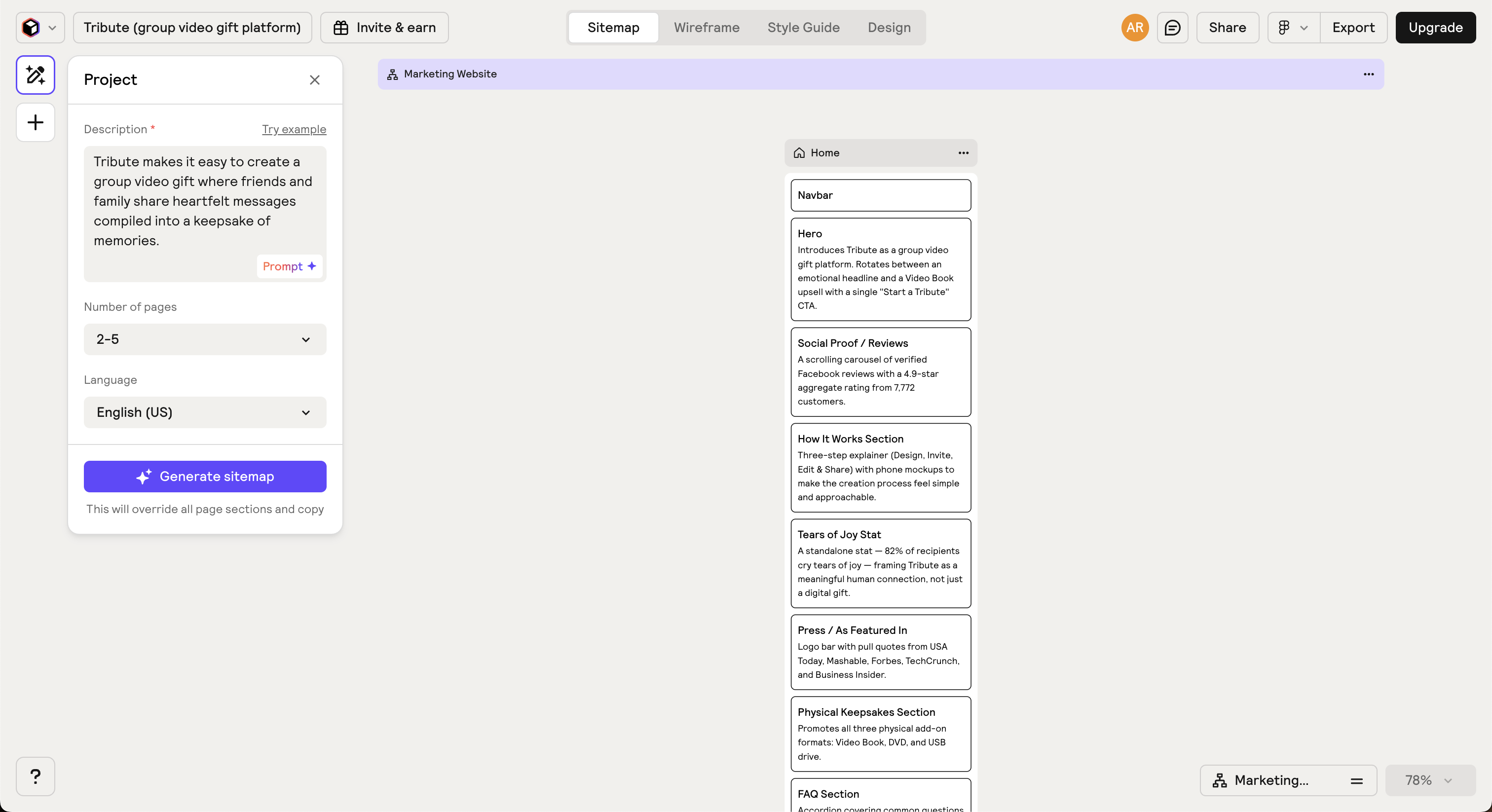 Relume sitemap generator interface showing Tribute product description and generated marketing website structure.