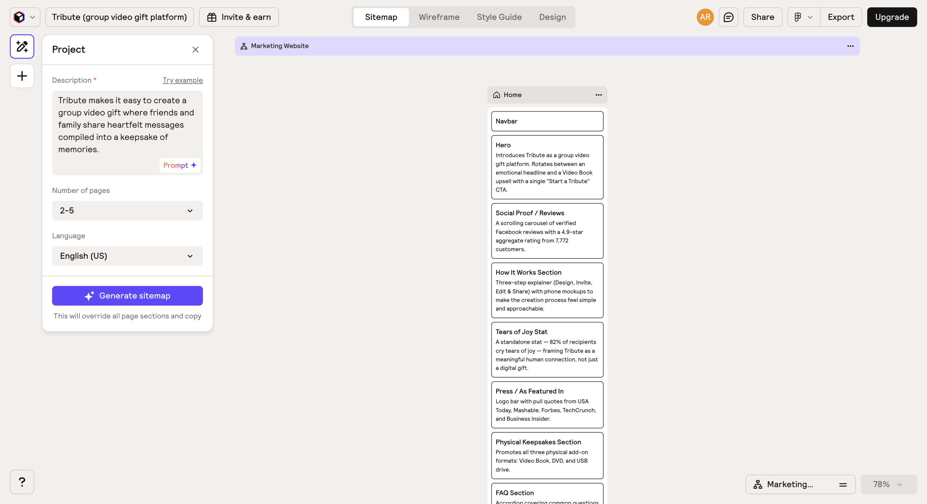Relume sitemap showing the full site structure with How It Works, Pricing, Blog, and Occasions sections.