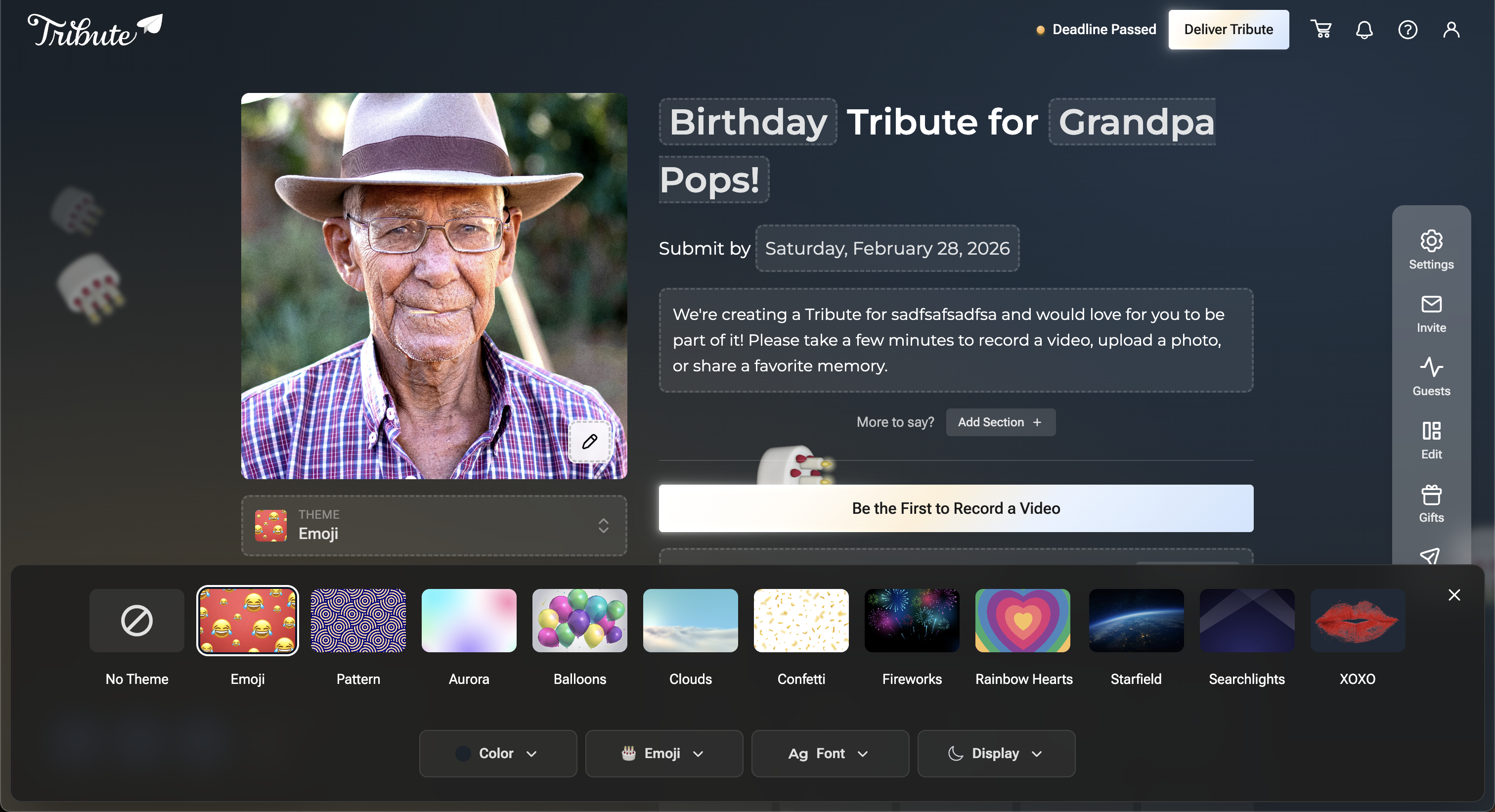 Theme exploration and final screens showing emoji, balloons, fireworks, and other theme options.